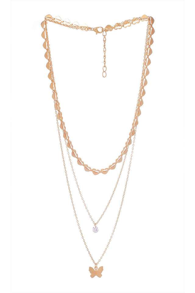 Trendy-Three-Layered-Gold-Necklace-With-Butterfly-Pendant- -Diamonti-Stone-And-Chain-Of-Hearts