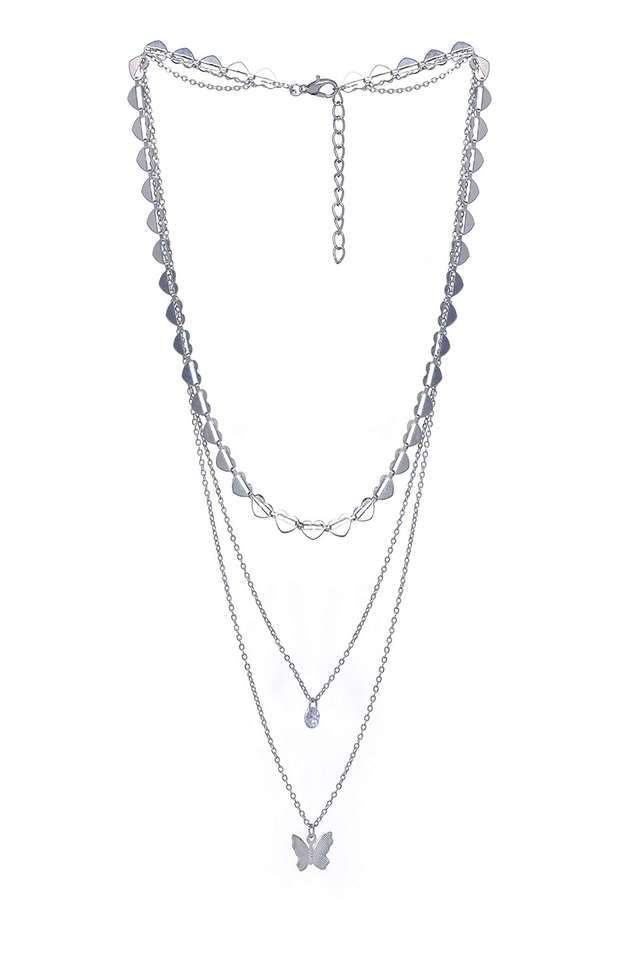 Trendy-Three-Layered-Silver-Necklace-With-Butterfly-Pendant- -Diamonti-Stone-And-Chain-Of-Hearts