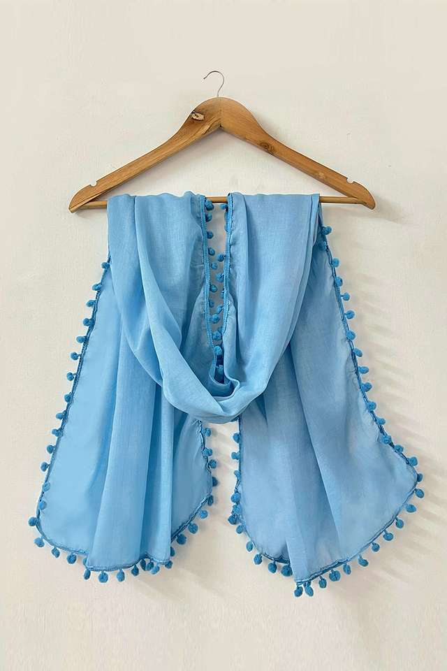 Blue-Pom-Pom-Border-Solid-Viscose-Scarf