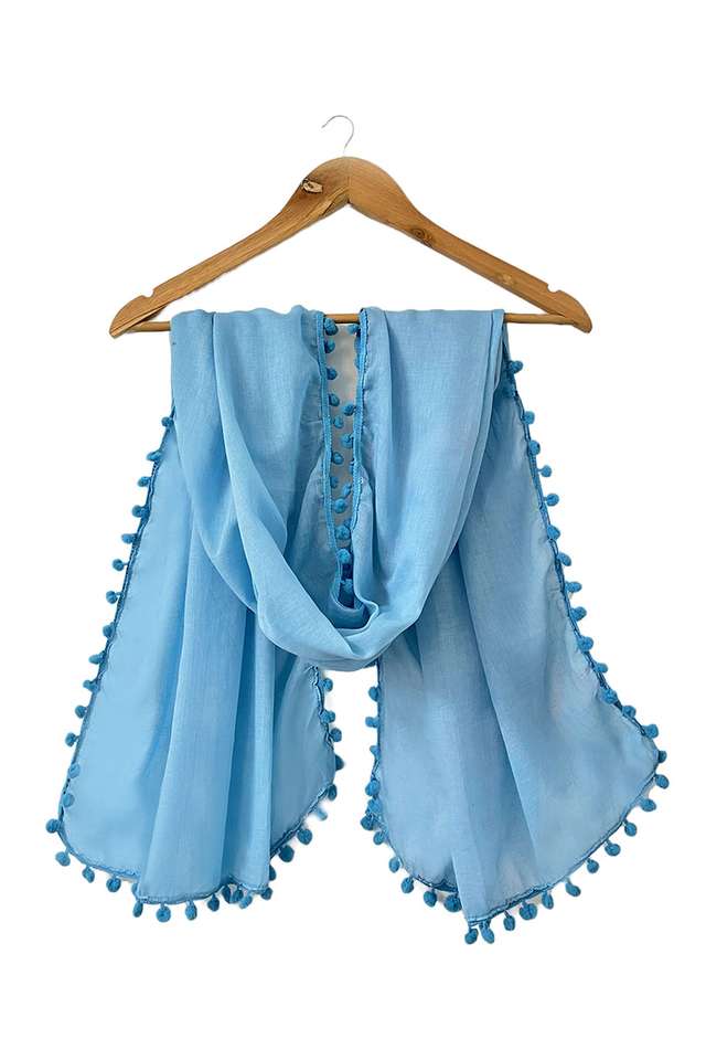 Blue-Pom-Pom-Border-Solid-Viscose-Scarf