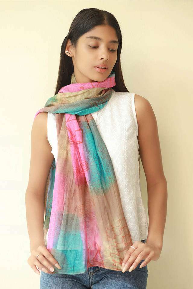 Criss-Cross-Striped-Multicolor-Pink -Blue-&-Purple-Ombre-Silk-Cotton-Blend-Crinkle-Effect-Scarf