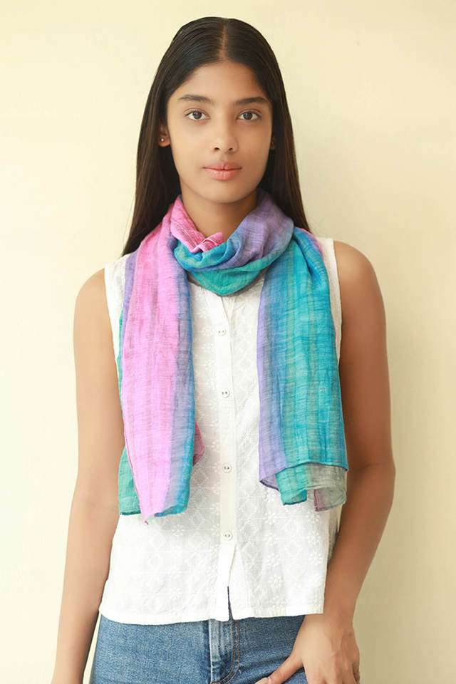 Striped-Multicolor-Pink -Blue-&-Purple-Ombre-Silk-Cotton-Blend-Crinkle-Effect-Scarf