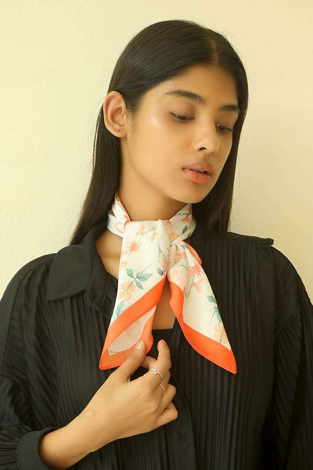 White-And-Orange-Floral-Satin-Scarf
