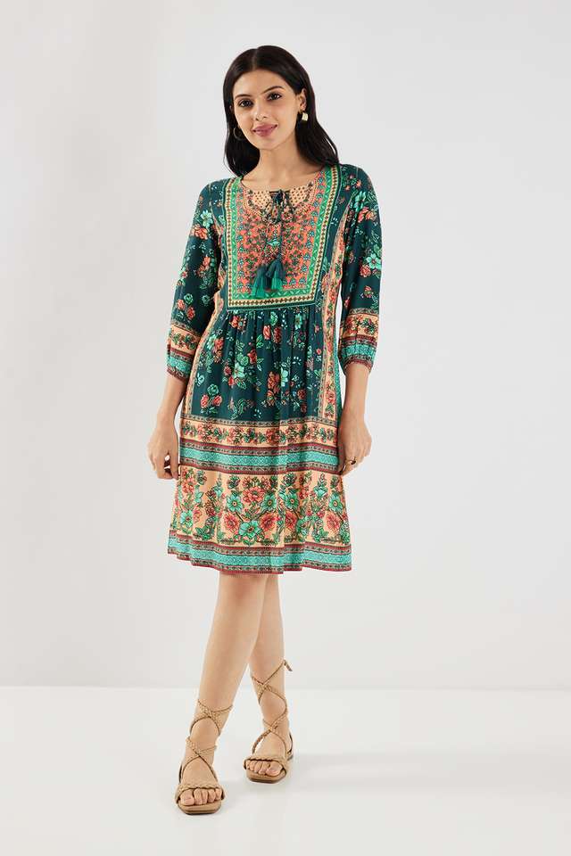 Printed-Round-Neck-Viscose-Women-s-Knee-Length-Ethnic-Dress
