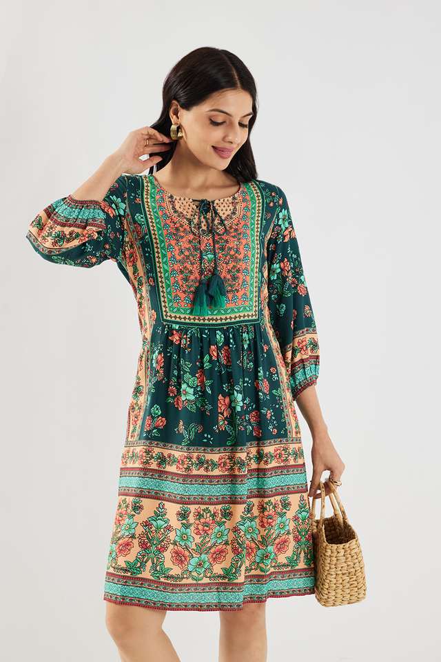 Printed-Round-Neck-Viscose-Women-s-Knee-Length-Ethnic-Dress