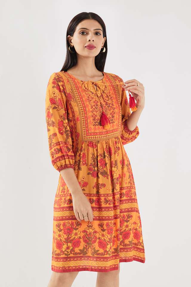 Printed-Round-Neck-Viscose-Women-s-Knee-Length-Ethnic-Dress