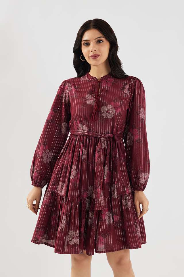 Printed-Round-Neck-Blended-Fabric-Women-s-Knee-Length-Ethnic-Dress