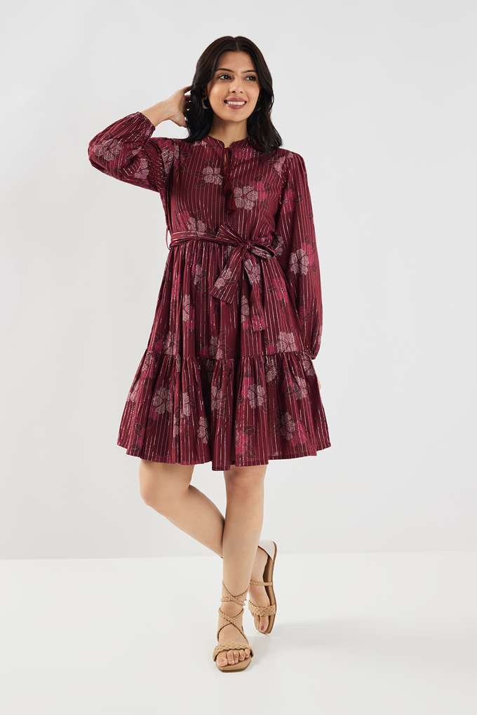 Printed-Round-Neck-Blended-Fabric-Women-s-Knee-Length-Ethnic-Dress