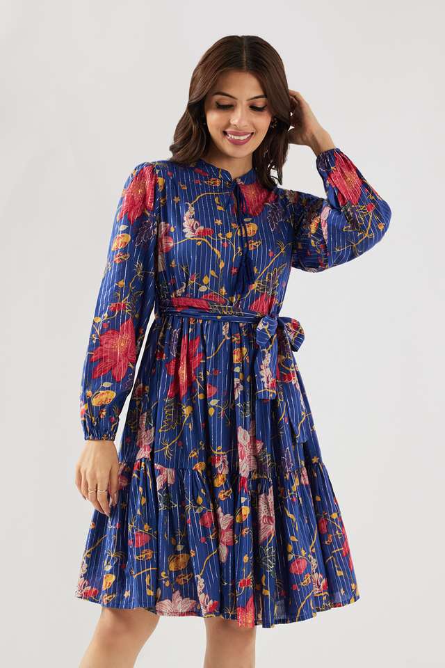 Printed-Round-Neck-Blended-Fabric-Women-s-Knee-Length-Ethnic-Dress