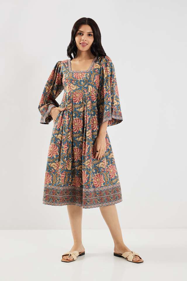 Printed-Square-Neck-Chambray-Women-s-Calf-Length-Ethnic-Dress