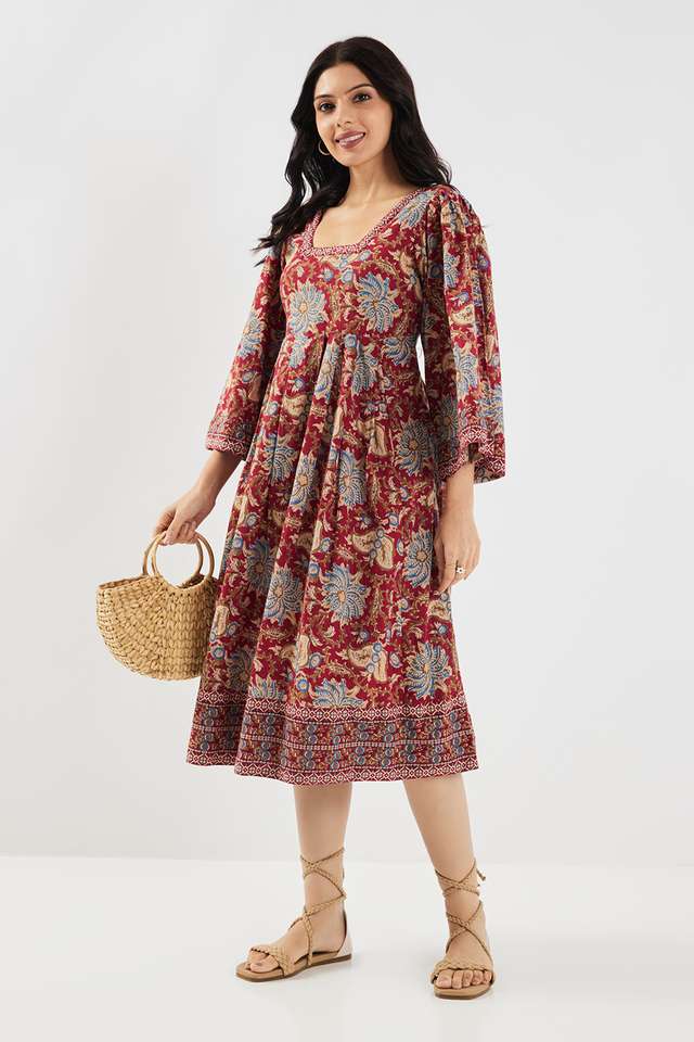 Printed-Square-Neck-Chambray-Women-s-Calf-Length-Ethnic-Dress