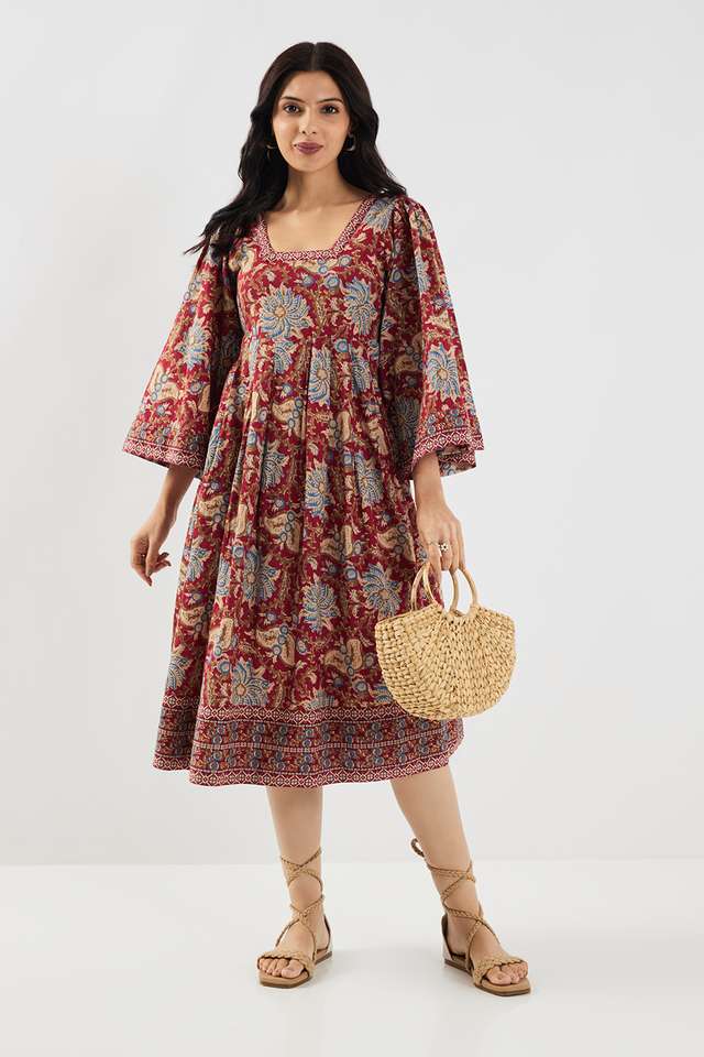 Printed-Square-Neck-Chambray-Women-s-Calf-Length-Ethnic-Dress