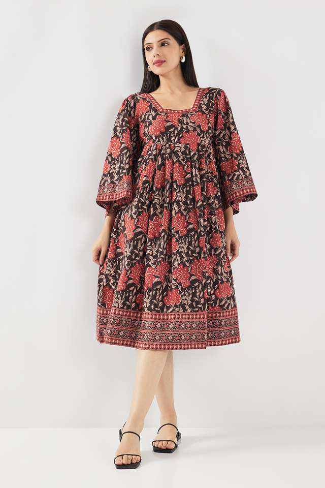Printed-Square-Neck-Chambray-Women-s-Calf-Length-Ethnic-Dress