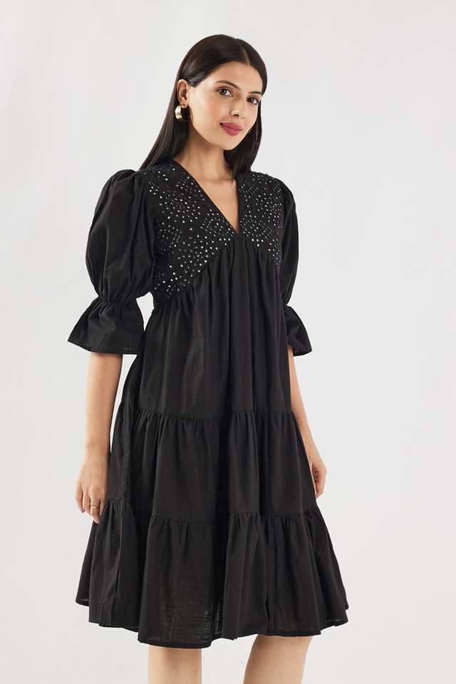 Embroidered-V-Neck-Cotton-Women-s-Knee-Length-Ethnic-Dress