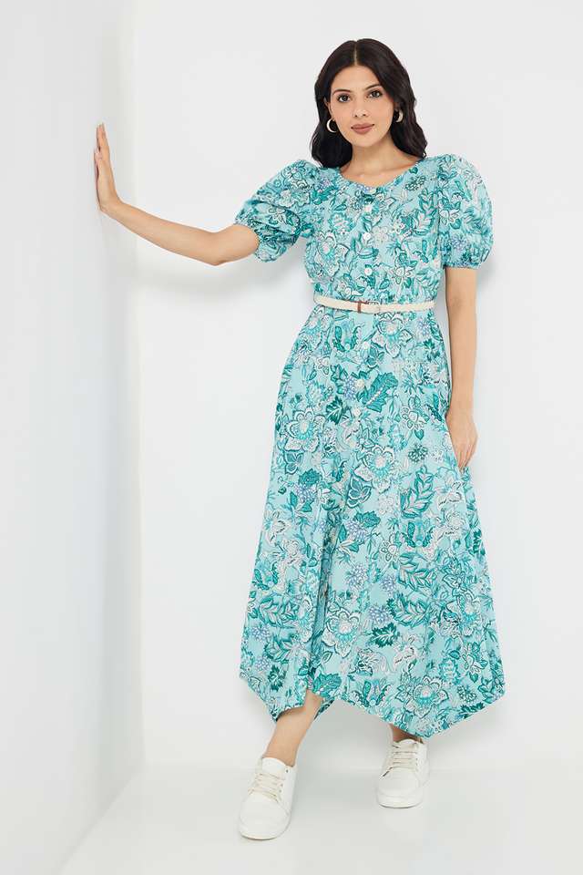 Printed-Round-Neck-Chambray-Women-s-Calf-Length-Ethnic-Dress
