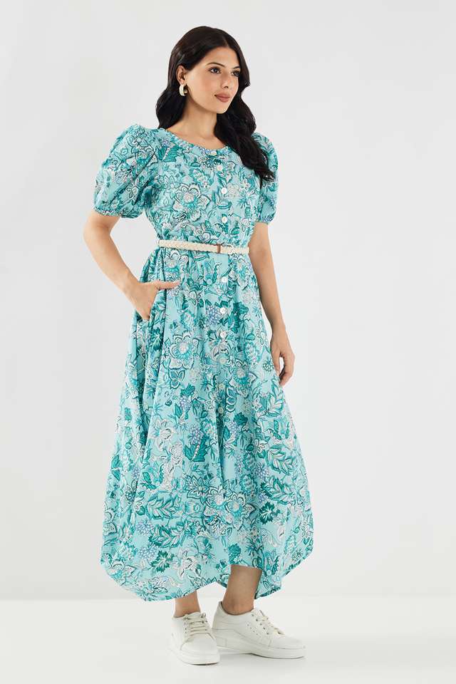 Printed-Round-Neck-Chambray-Women-s-Calf-Length-Ethnic-Dress