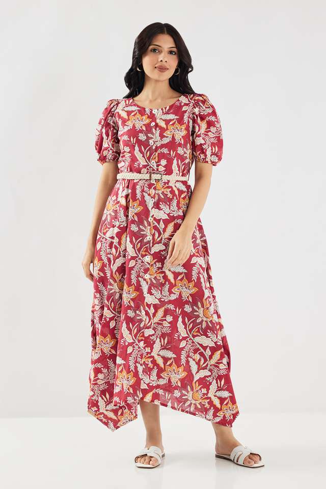 Printed-Round-Neck-Chambray-Women-s-Calf-Length-Ethnic-Dress