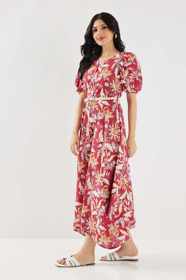 Printed-Round-Neck-Chambray-Women-s-Calf-Length-Ethnic-Dress