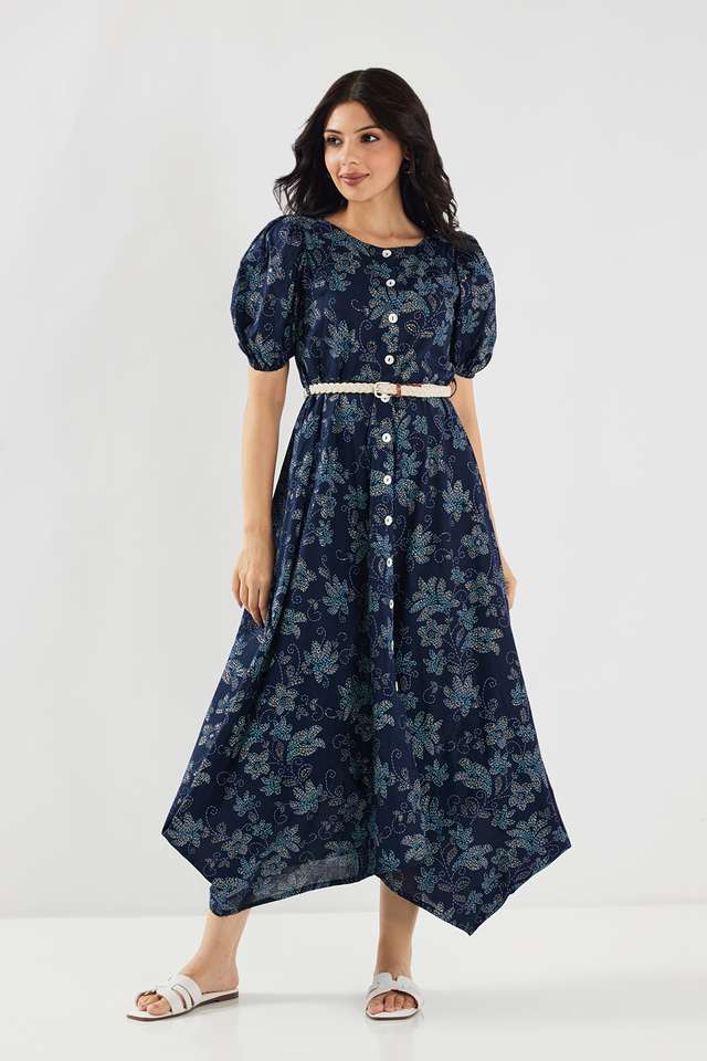 Printed-Round-Neck-Chambray-Women-s-Calf-Length-Ethnic-Dress