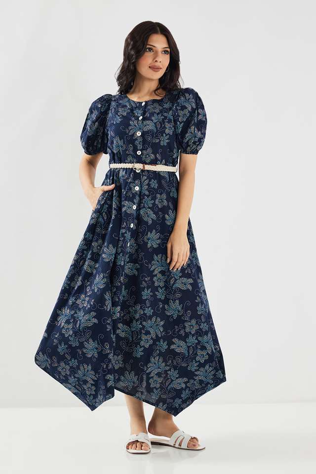 Printed-Round-Neck-Chambray-Women-s-Calf-Length-Ethnic-Dress