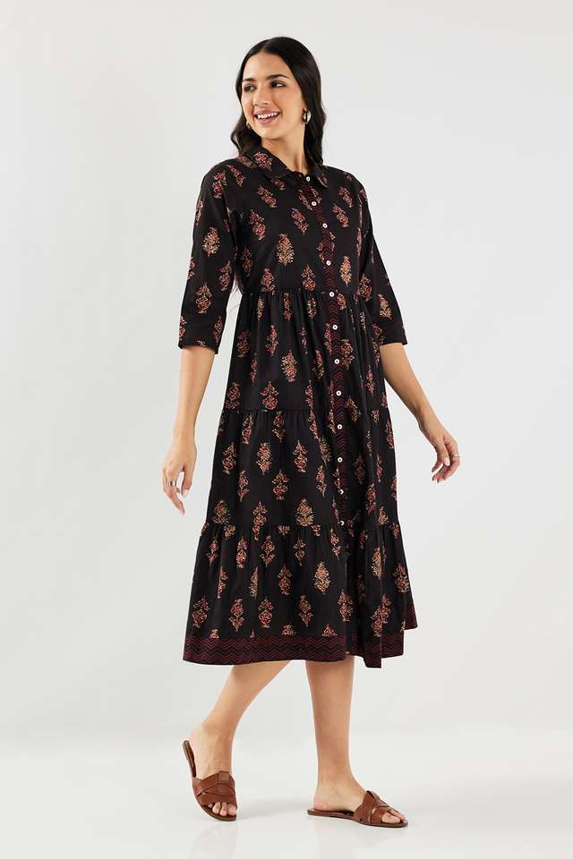 Printed-Collared-Chambray-Women-s-Calf-Length-Ethnic-Dress