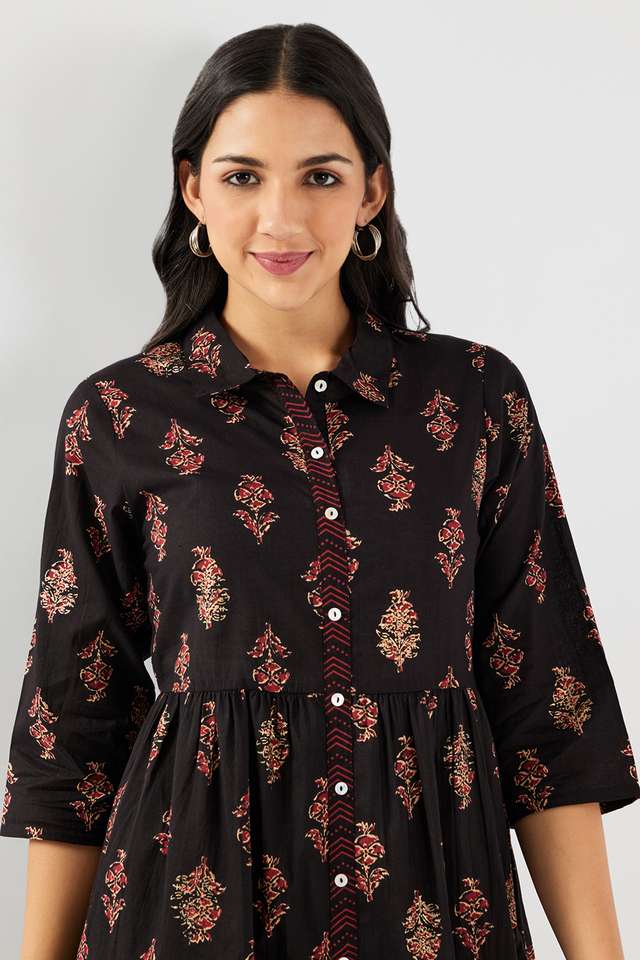 Printed-Collared-Chambray-Women-s-Calf-Length-Ethnic-Dress