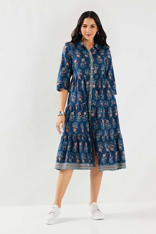 Printed-Collared-Chambray-Women-s-Calf-Length-Ethnic-Dress