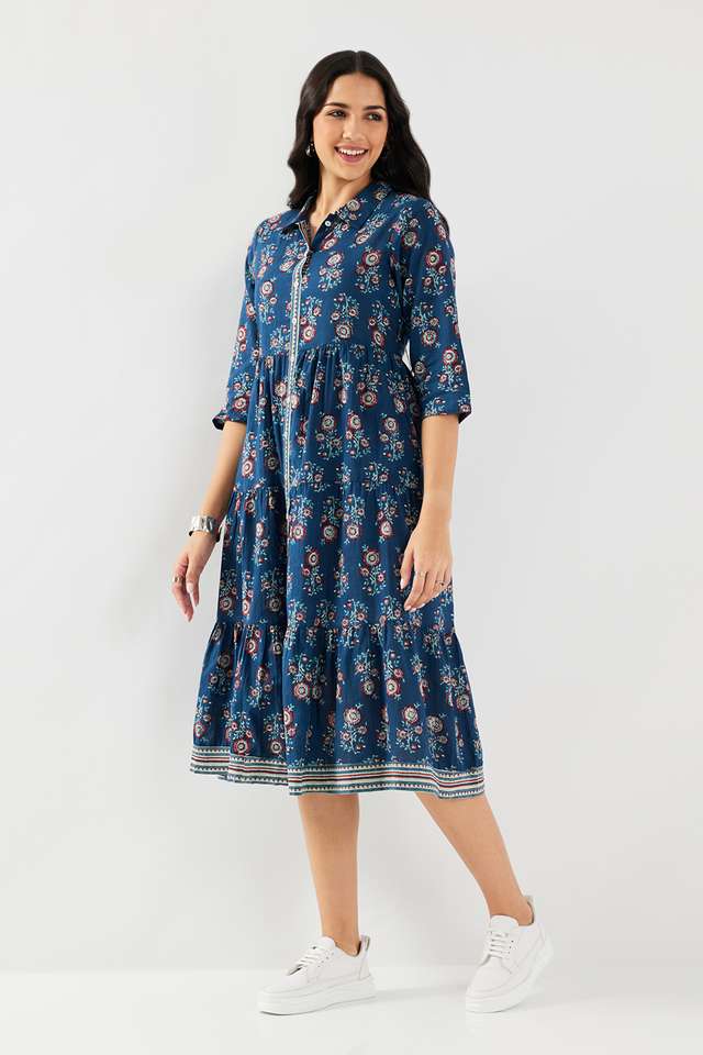 Printed-Collared-Chambray-Women-s-Calf-Length-Ethnic-Dress