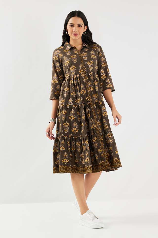 Printed-Collared-Chambray-Women-s-Calf-Length-Ethnic-Dress