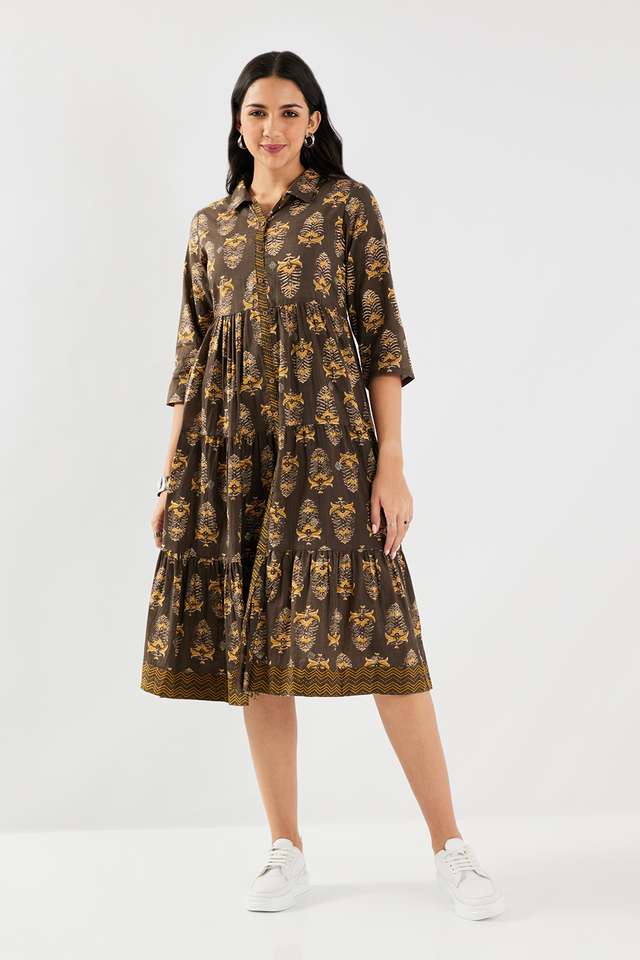 Printed-Collared-Chambray-Women-s-Calf-Length-Ethnic-Dress