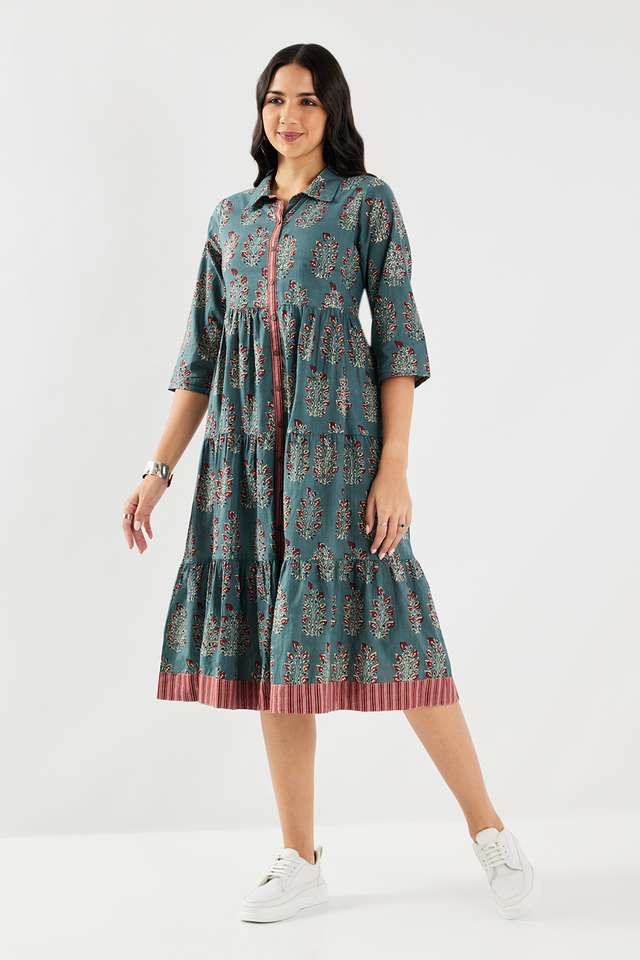 Printed-Collared-Chambray-Women-s-Calf-Length-Ethnic-Dress