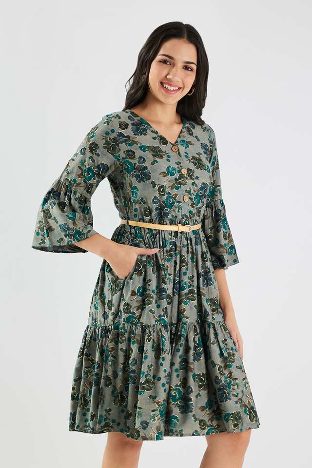 Printed-V-Neck-Blended-Fabric-Women-s-Knee-Length-Dress