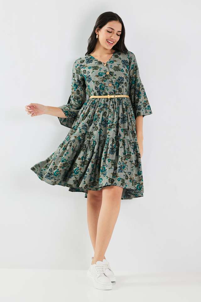 Printed-V-Neck-Blended-Fabric-Women-s-Knee-Length-Dress