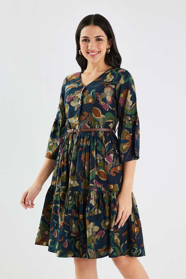 Printed-V-Neck-Blended-Fabric-Women-s-Knee-Length-Dress