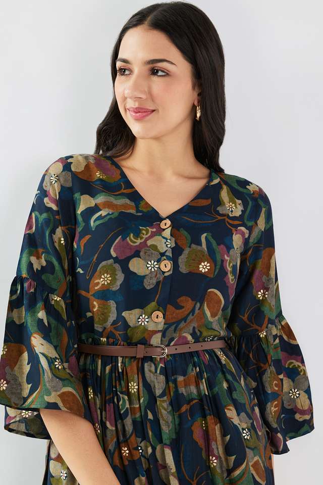 Printed-V-Neck-Blended-Fabric-Women-s-Knee-Length-Dress