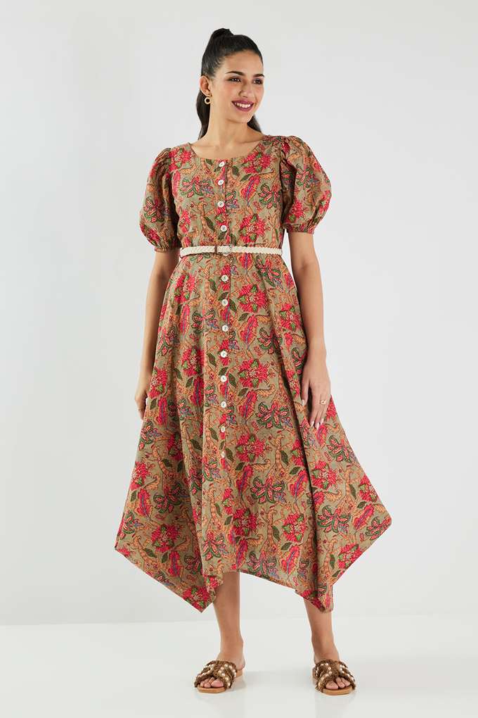 Printed-Blended-Fabric-Flared-Fit-Women-s-Dress