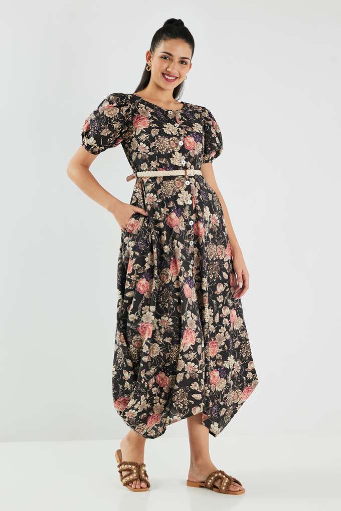 Printed-Blended-Fabric-Flared-Fit-Women-s-Dress