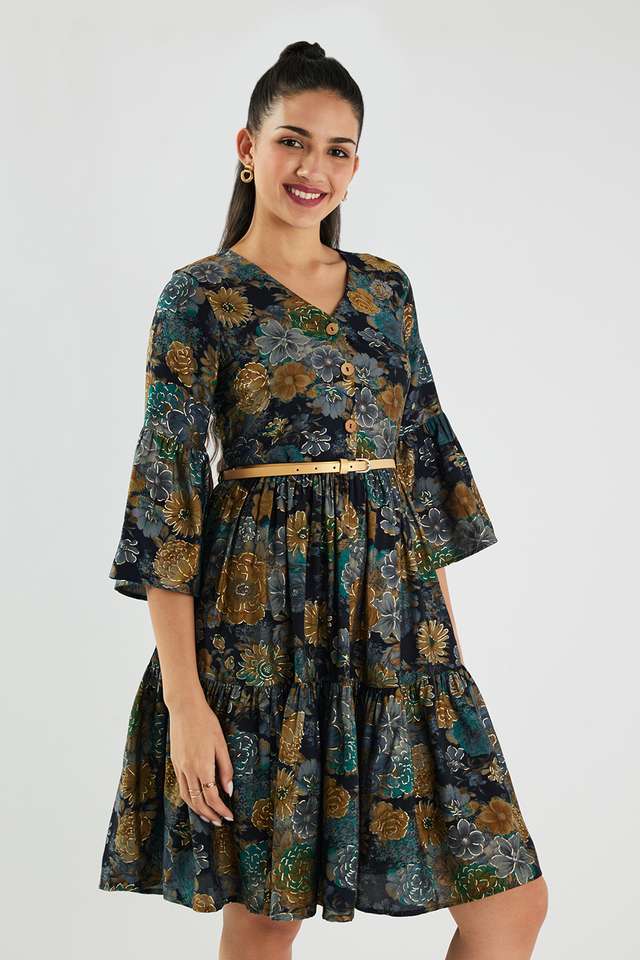 Printed-Blended-Fabric-Flared-Fit-Women-s-Dress