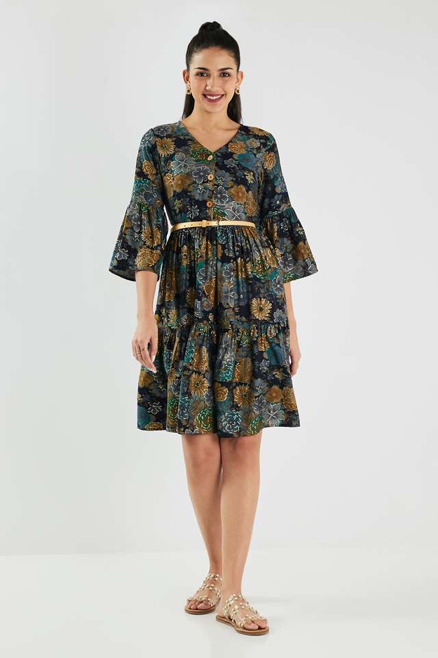 Printed-Blended-Fabric-Flared-Fit-Women-s-Dress
