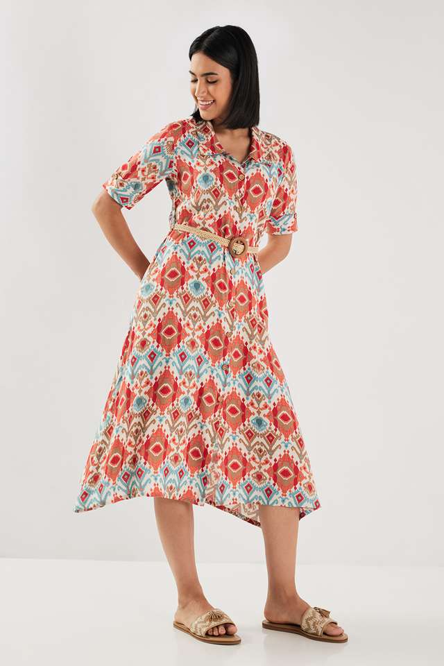 Printed-Blended-Fabric-Collared-Women-s-Knee-Length-Dress