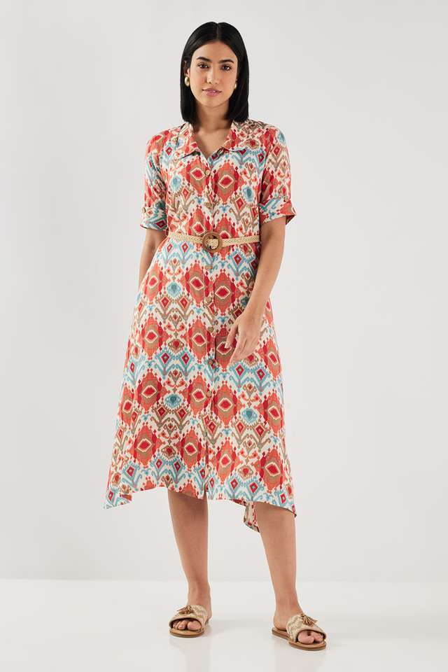 Printed-Blended-Fabric-Collared-Women-s-Knee-Length-Dress