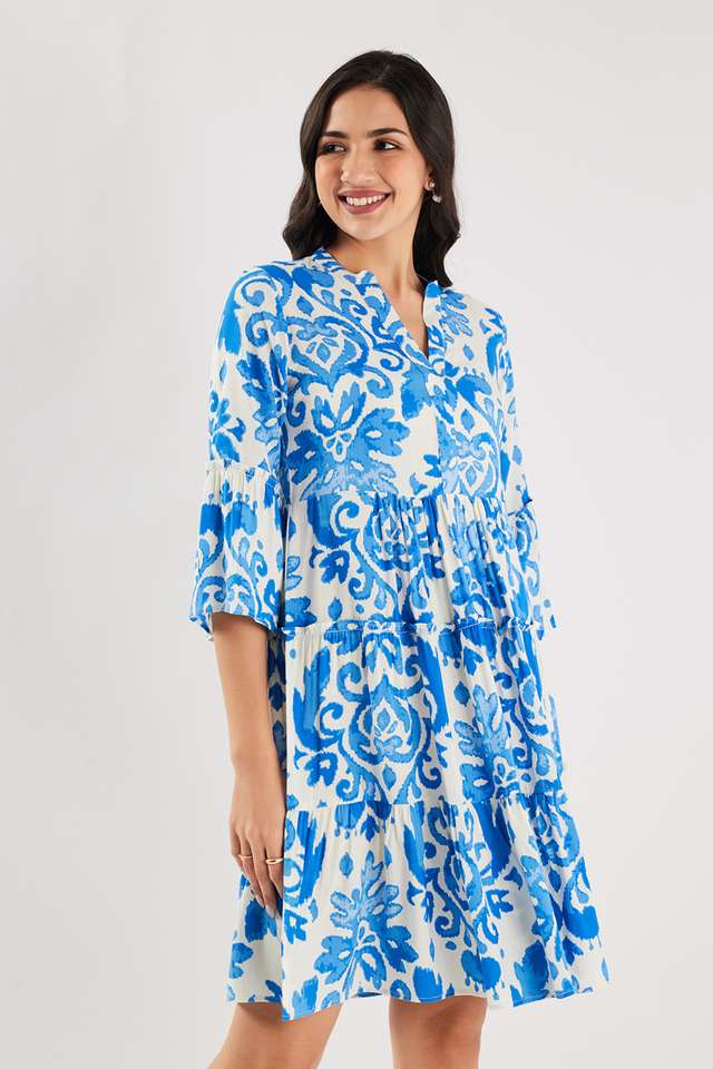 Printed-Blended-Fabric-V-Neck-Women-s-Knee-Length-Dress