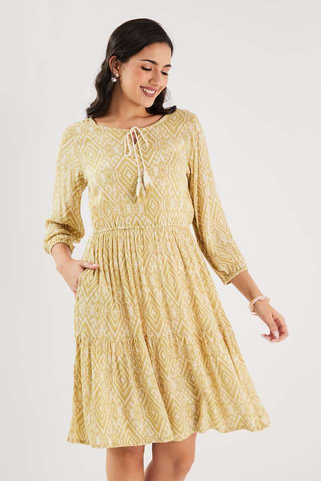 Printed-Blended-Fabric-Round-Neck-Women-s-Knee-Length-Dress