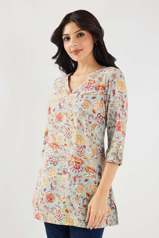 Floral-Rayon-V-Neck-Women-Fusion-Wear-Kurti