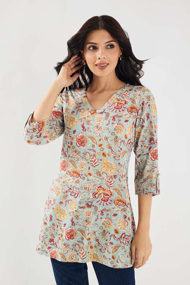 Floral-Rayon-V-Neck-Women-Fusion-Wear-Kurti