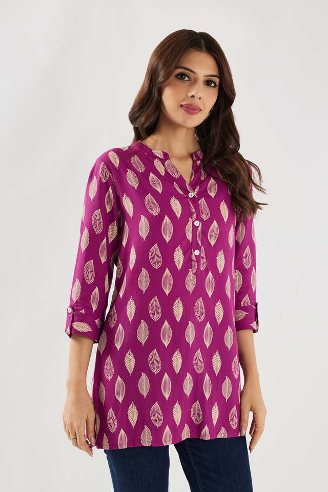 Printed-Rayon-Collared-Women-Fusion-Wear-Kurti