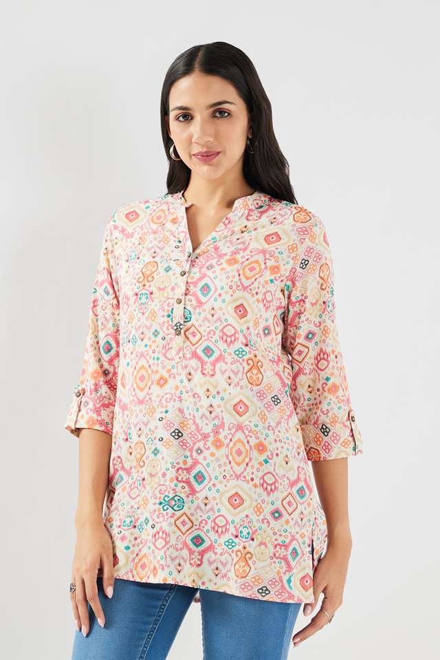 Printed-Blended-Fabric-Mandarin-Collar-Women-s-Tunic