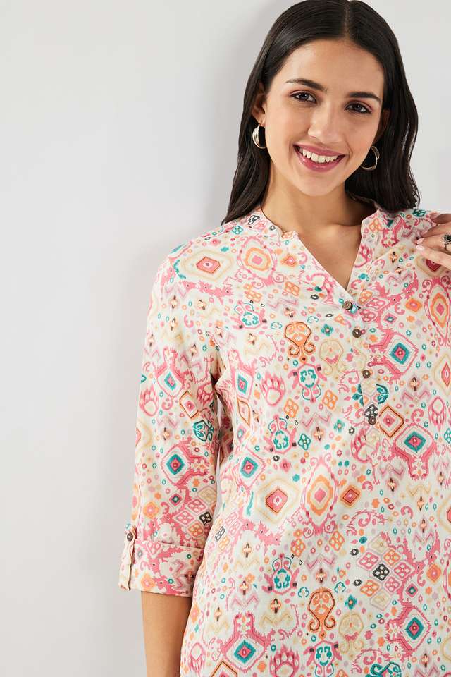 Printed-Blended-Fabric-Mandarin-Collar-Women-s-Tunic