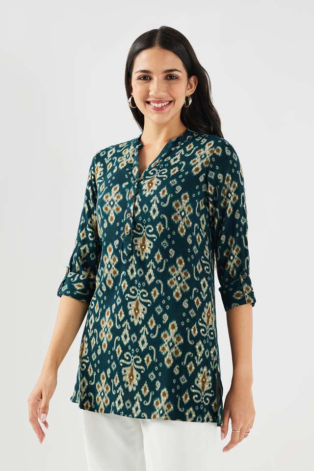 Printed-Blended-Fabric-Mandarin-Collar-Women-s-Tunic