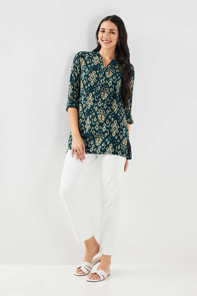 Printed-Blended-Fabric-Mandarin-Collar-Women-s-Tunic